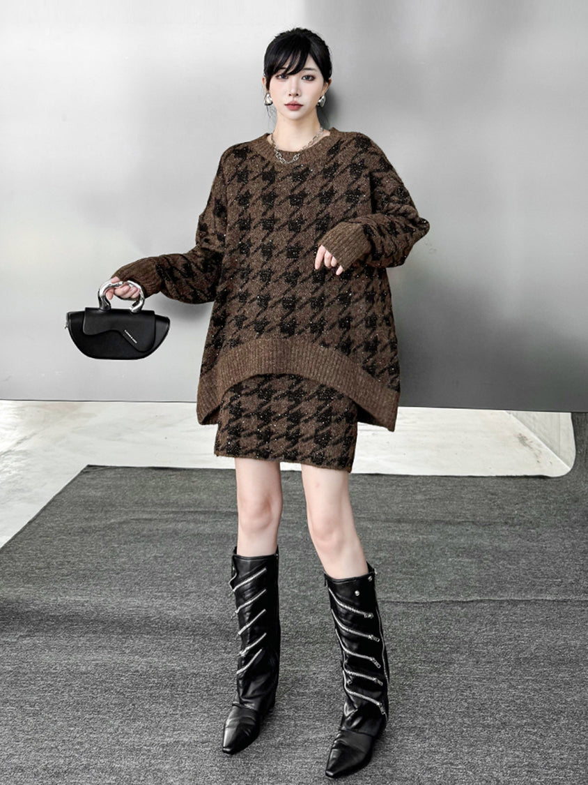 ハウンドトゥースニットトップス＆スカート