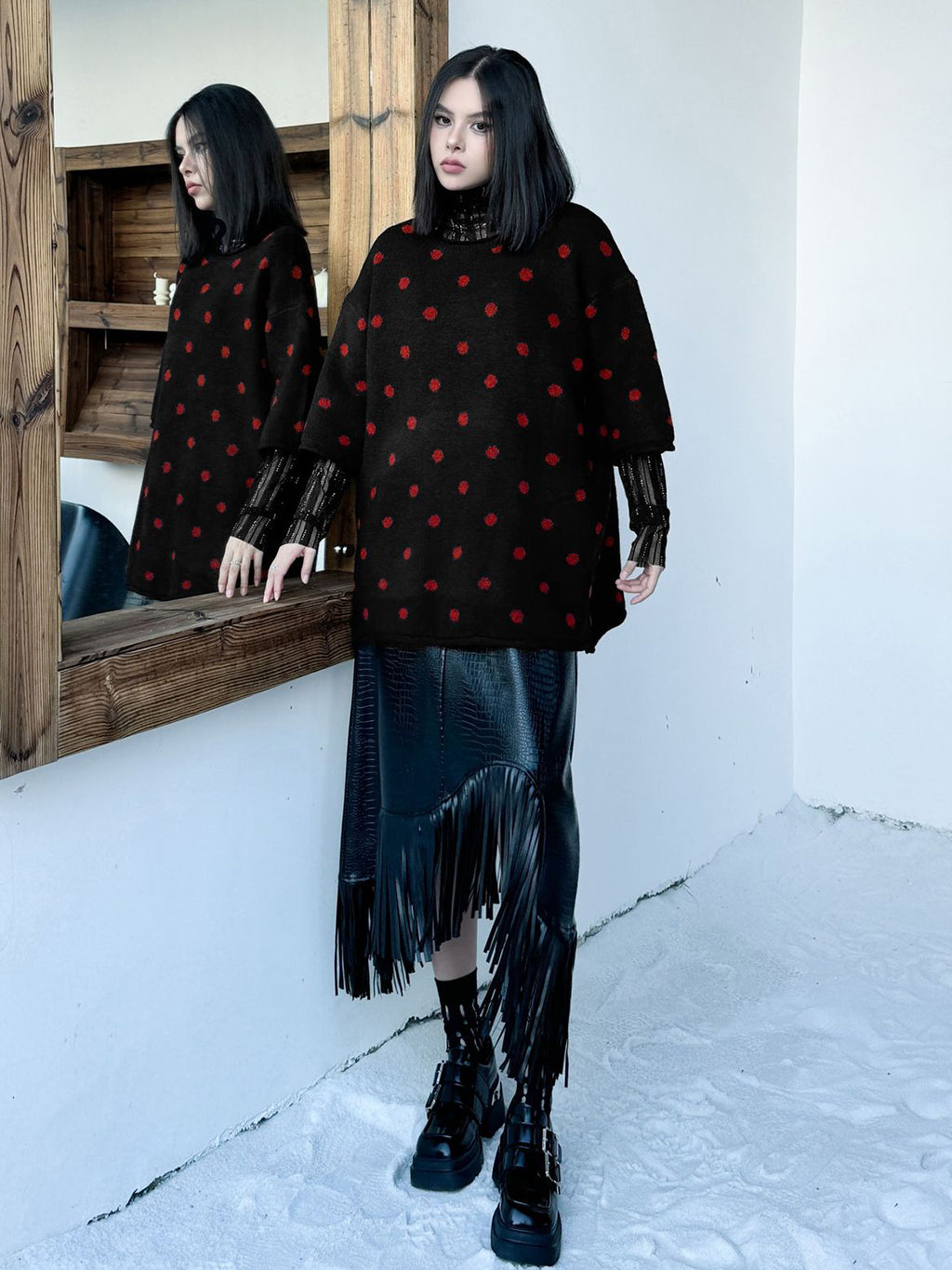 ドットフロッキーニットトップス