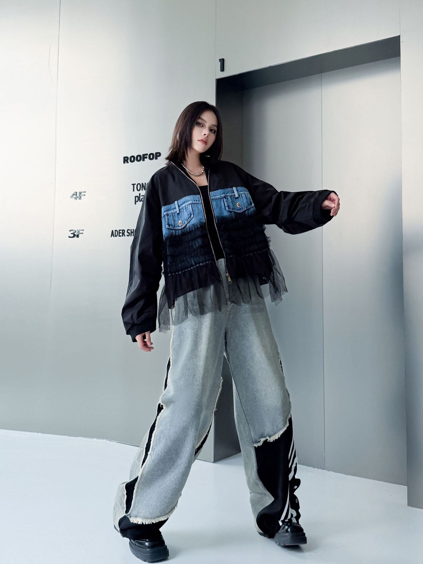 レイヤードデニムワイドパンツ