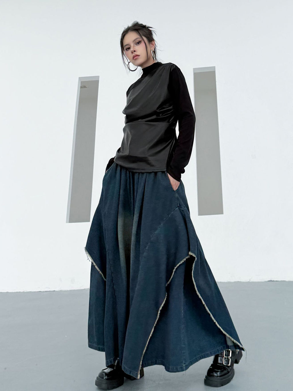 Scarf tie blouse and denim pants series 