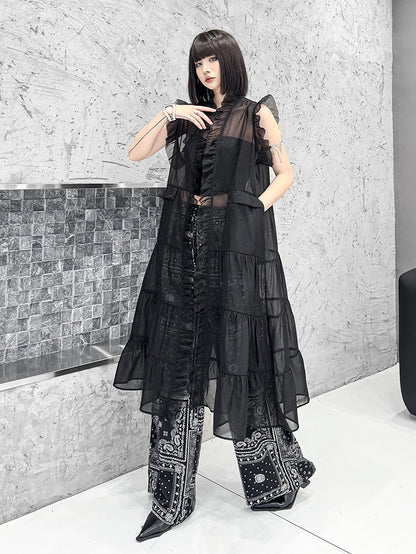 Frill sheer tiered long dress 