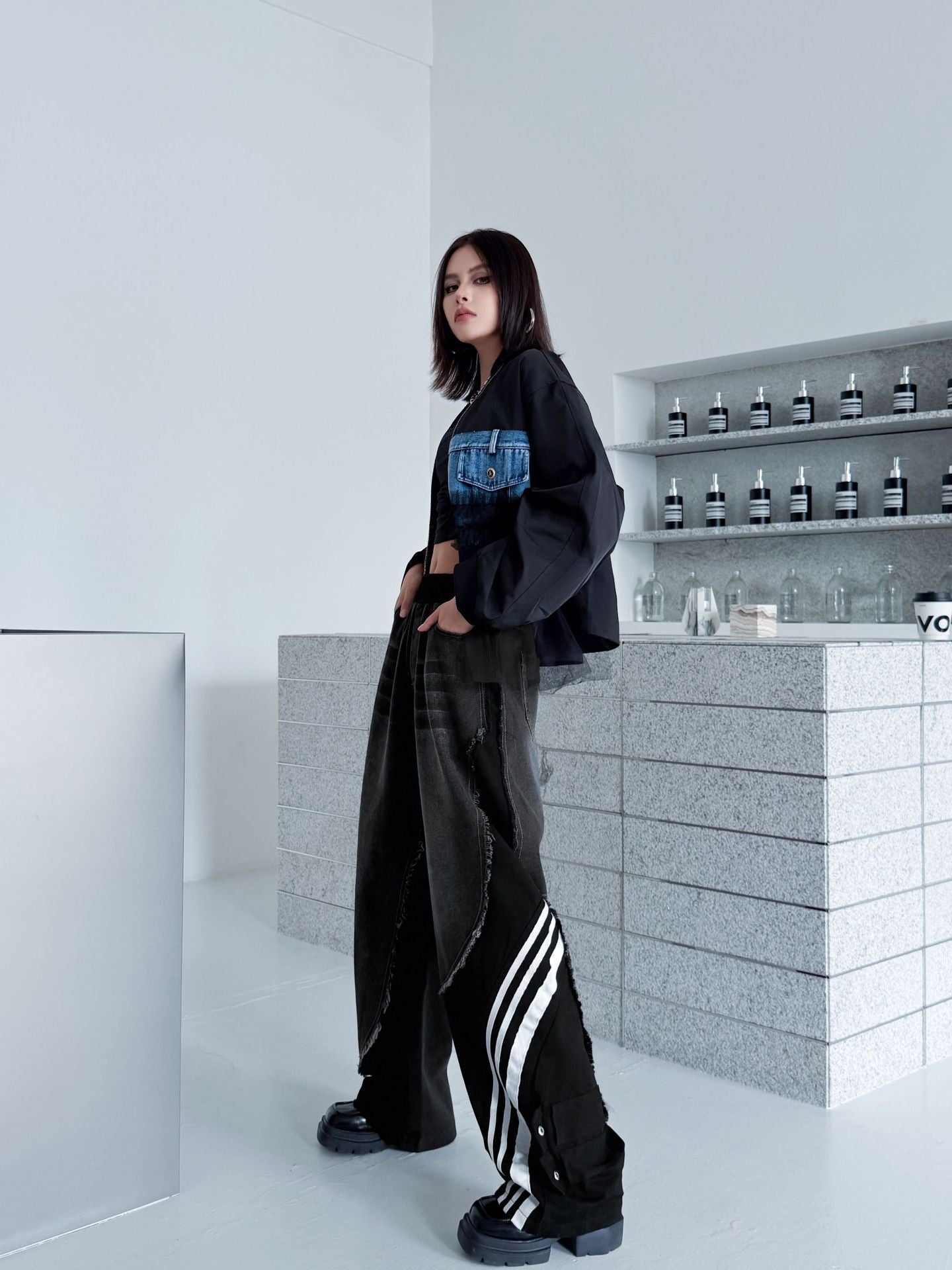 レイヤードデニムワイドパンツ