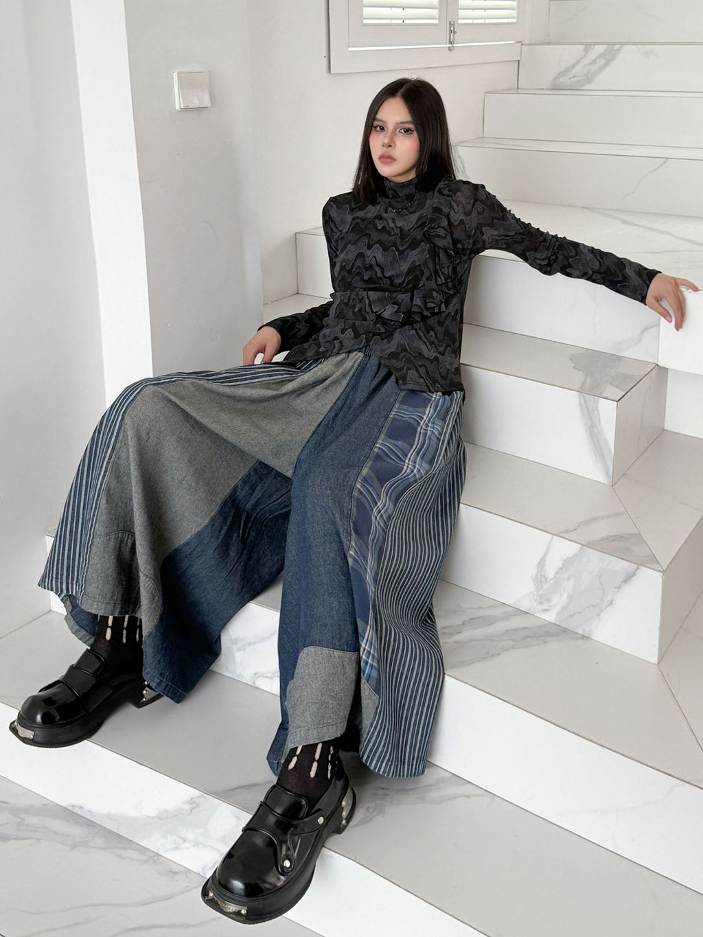 Scarf tie blouse and denim pants series 