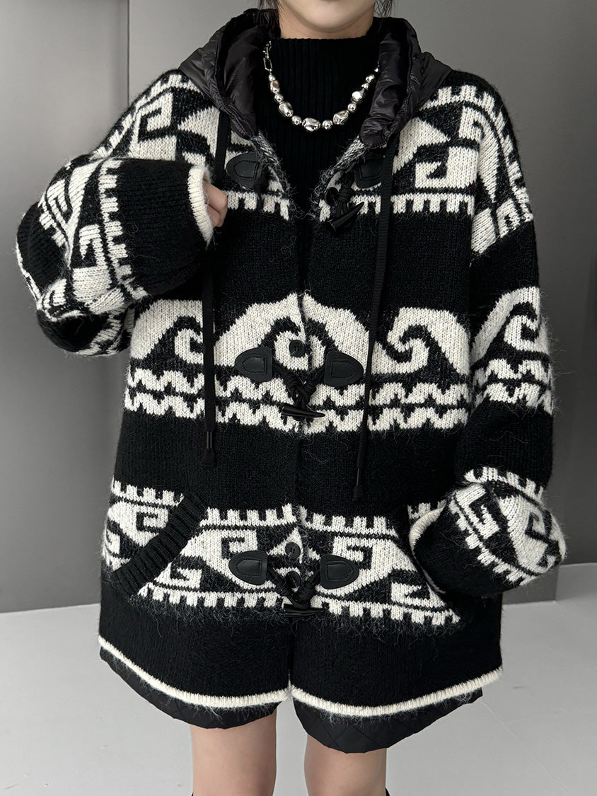 ジオパターンニットフードカーディガン