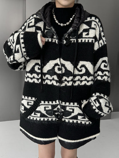 ジオパターンニットフードカーディガン