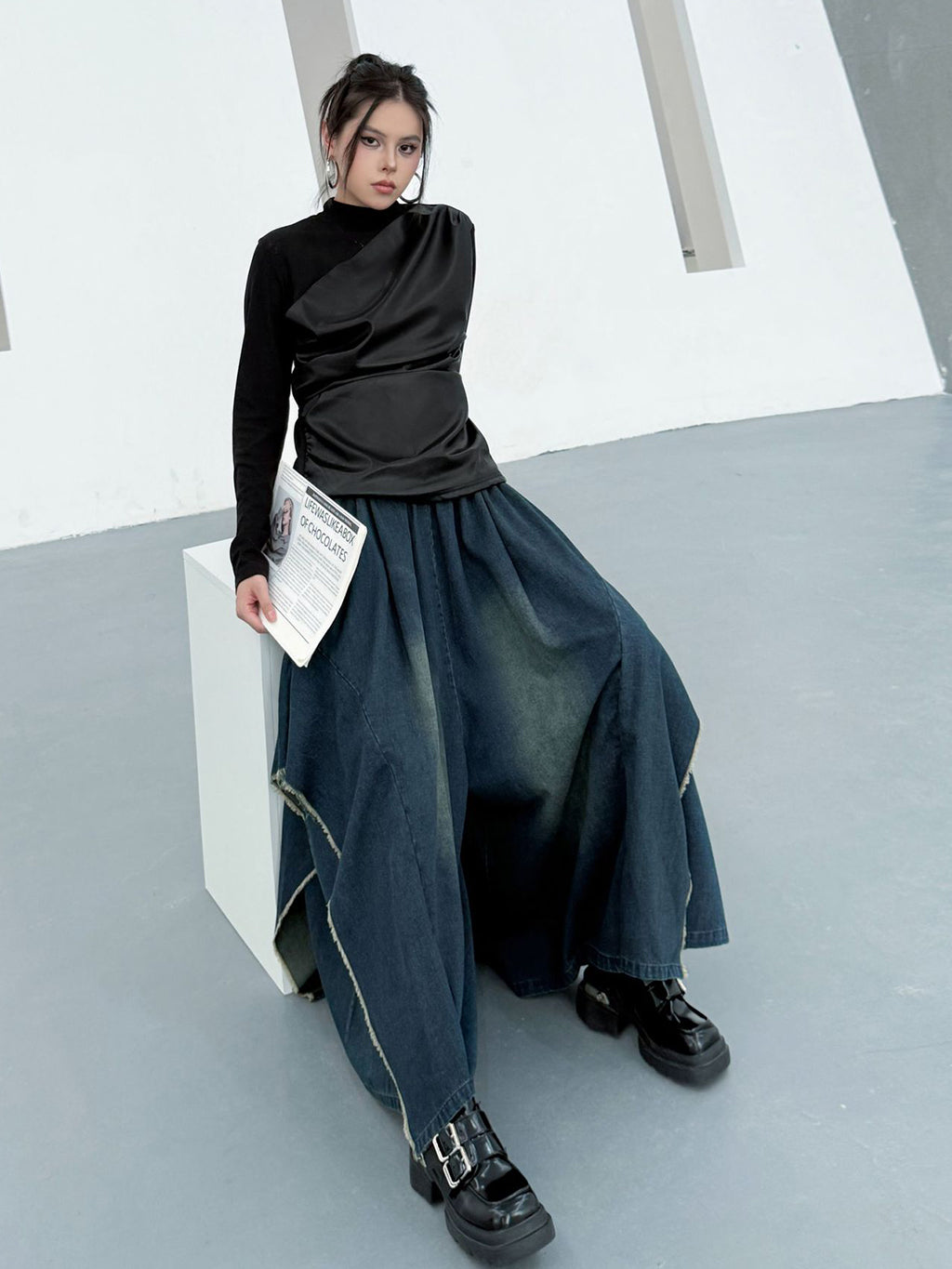 Scarf tie blouse and denim pants series 