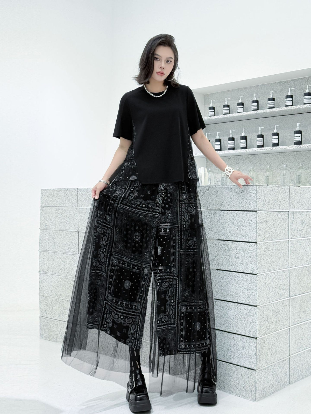 Scarf tie blouse and denim pants series 