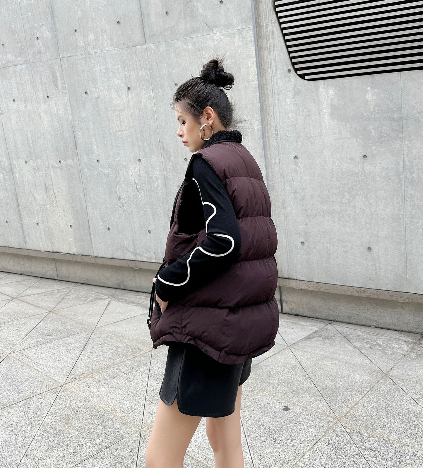 シープカラーブロックダウンベスト