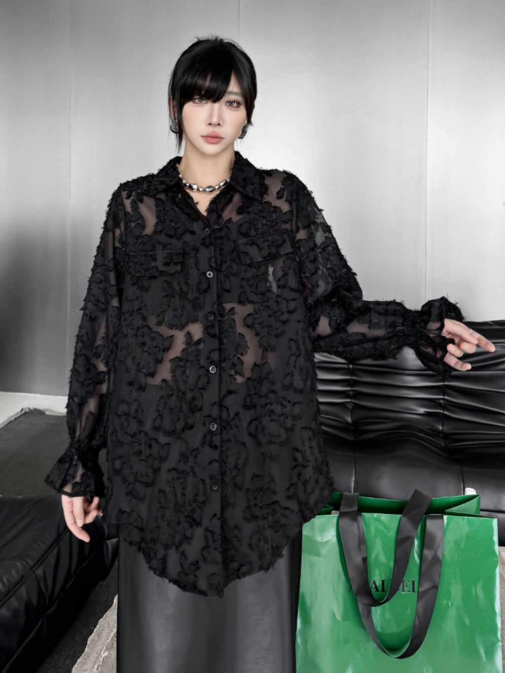 Scarf tie blouse and denim pants series 