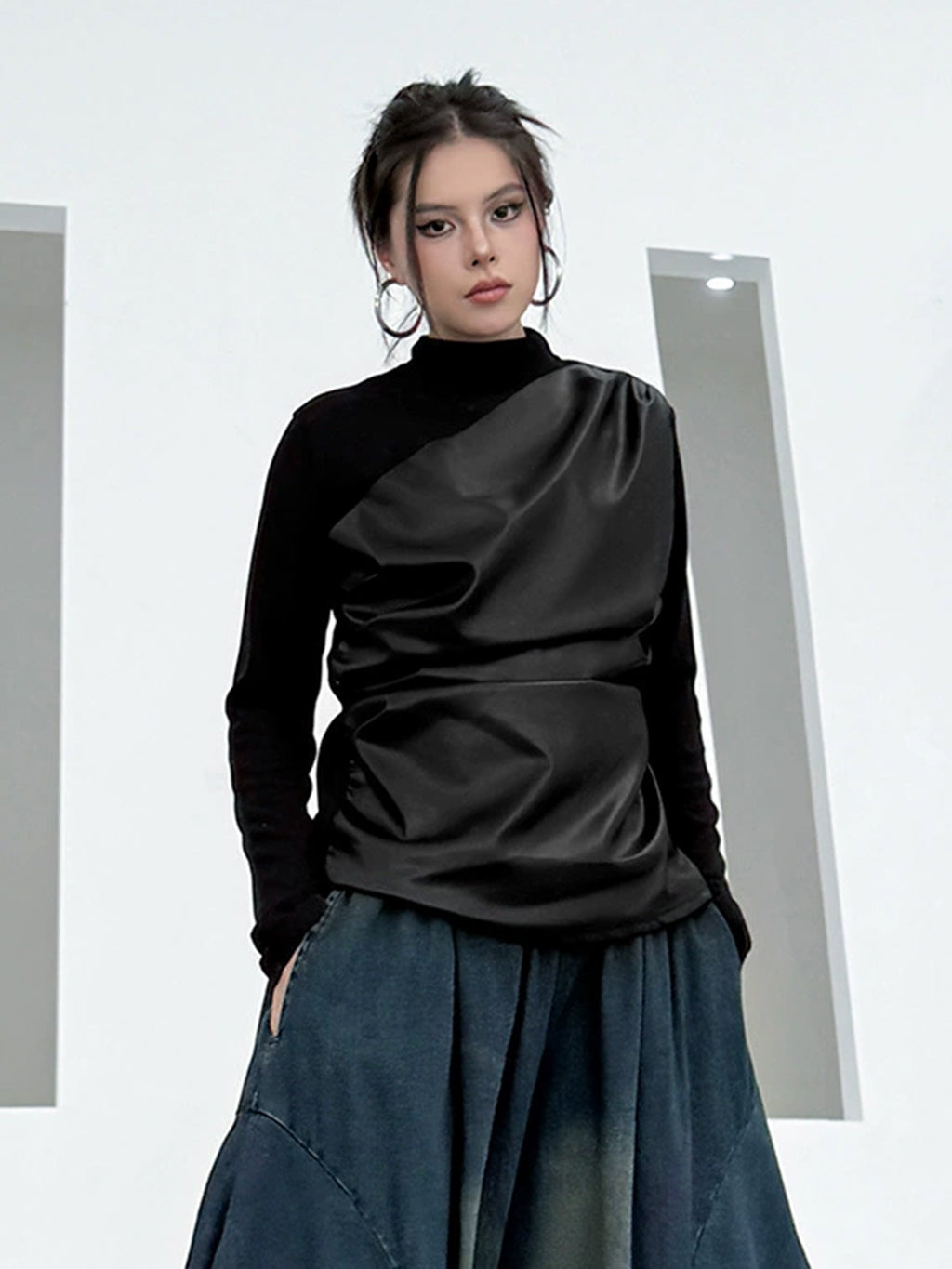Scarf tie blouse and denim pants series 