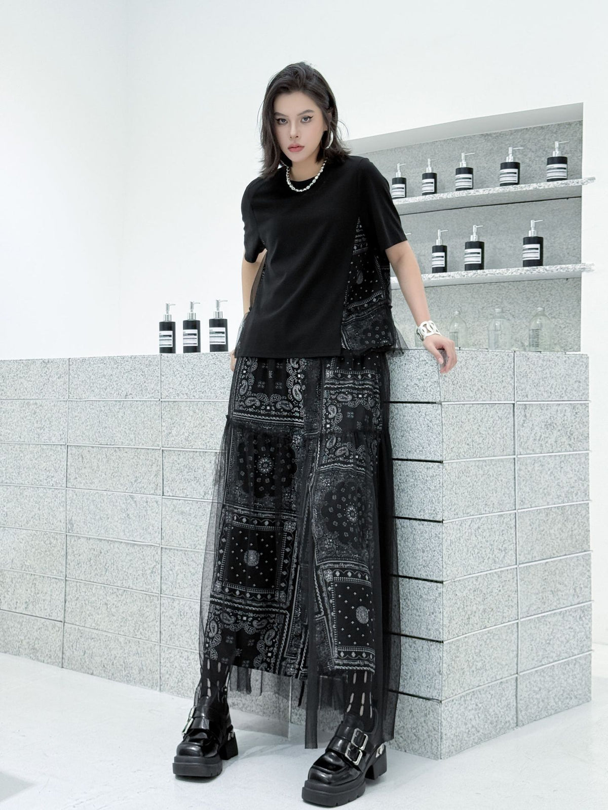Scarf tie blouse and denim pants series 