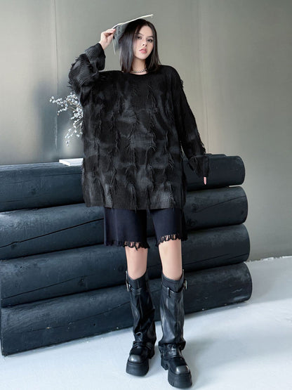 ディストレストチェックニットトップス