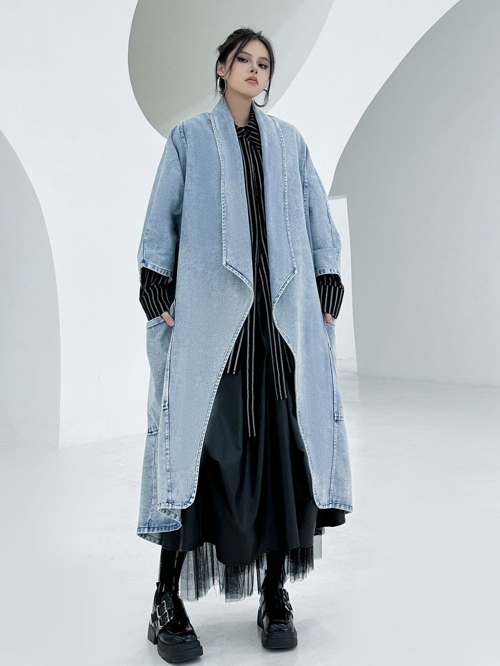 Scarf tie blouse and denim pants series 