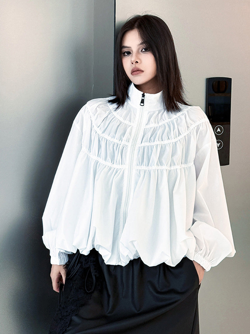 シャーリングスタンドカラーブラウス