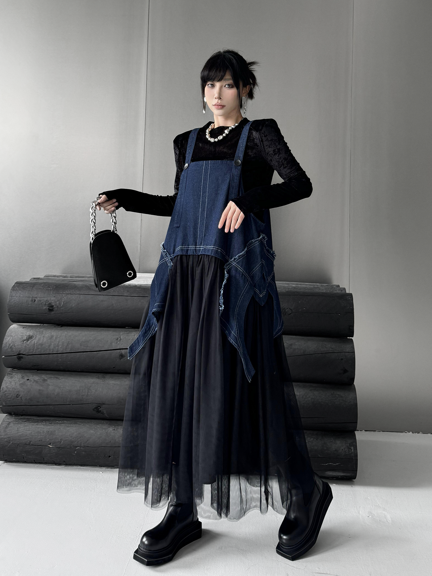 Scarf tie blouse and denim pants series 