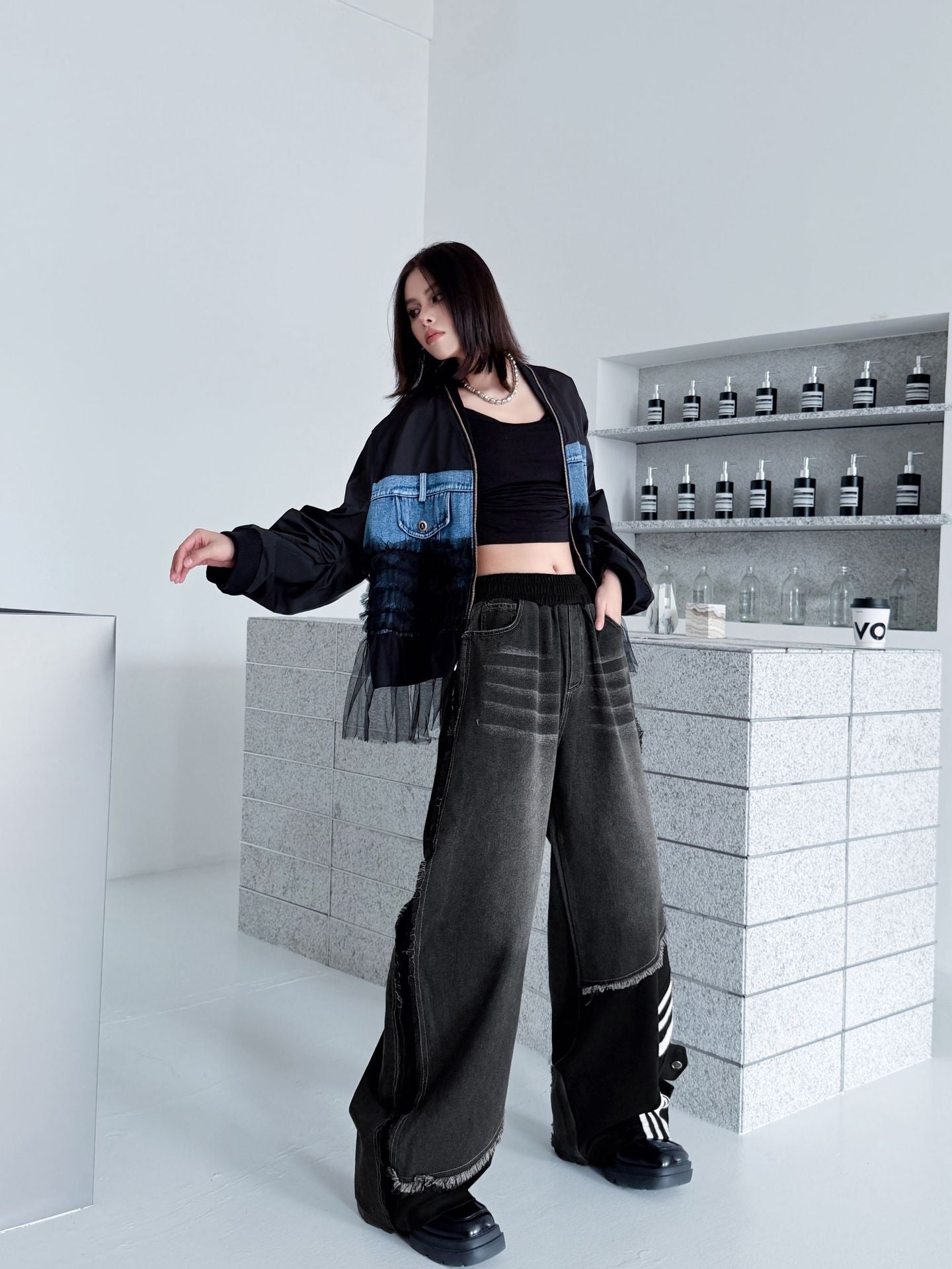 レイヤードデニムワイドパンツ