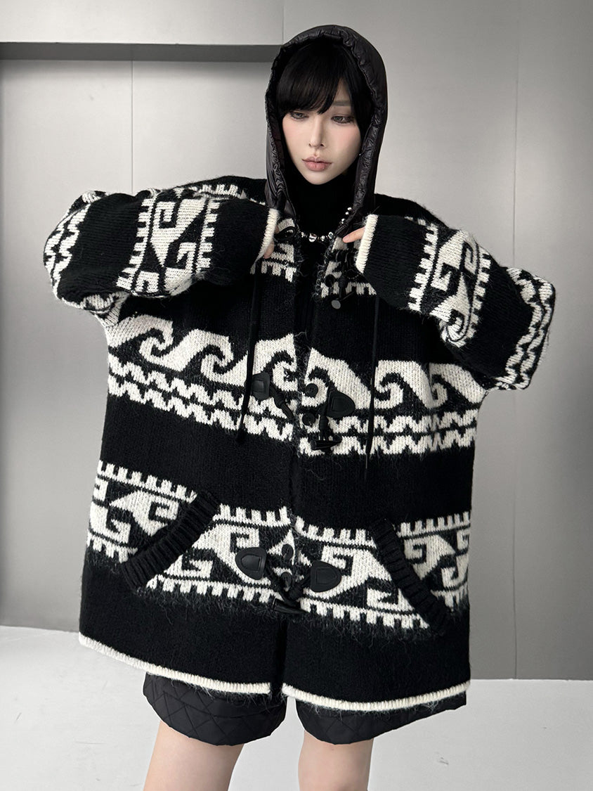 ジオパターンニットフードカーディガン