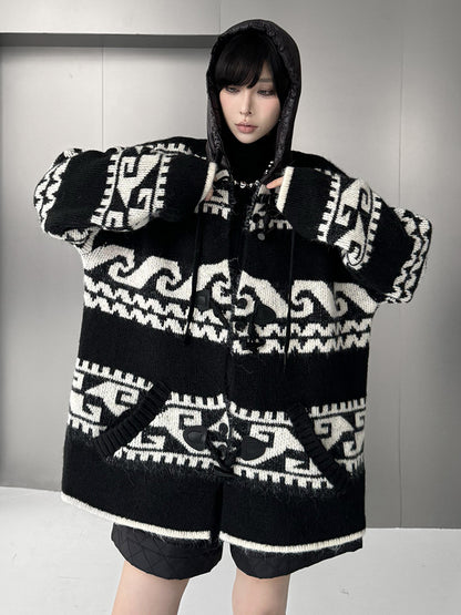 ジオパターンニットフードカーディガン