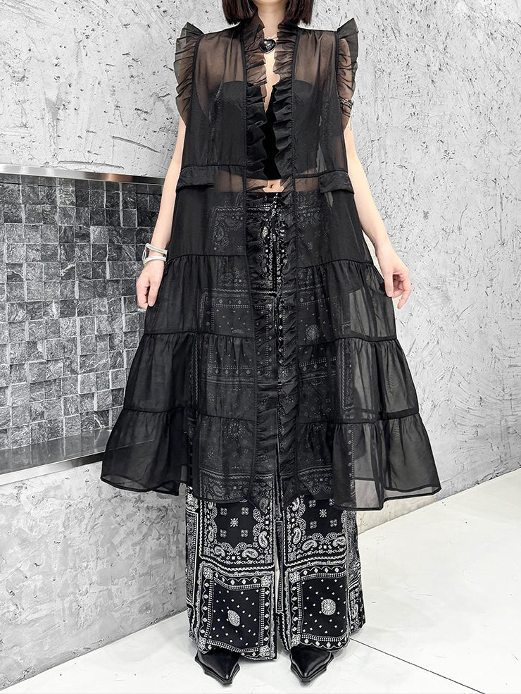 Frill sheer tiered long dress 