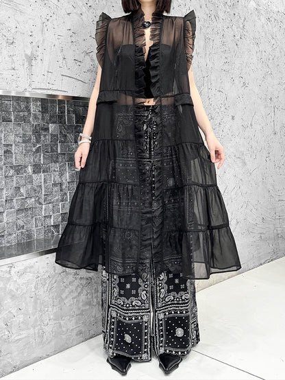 Frill sheer tiered long dress 