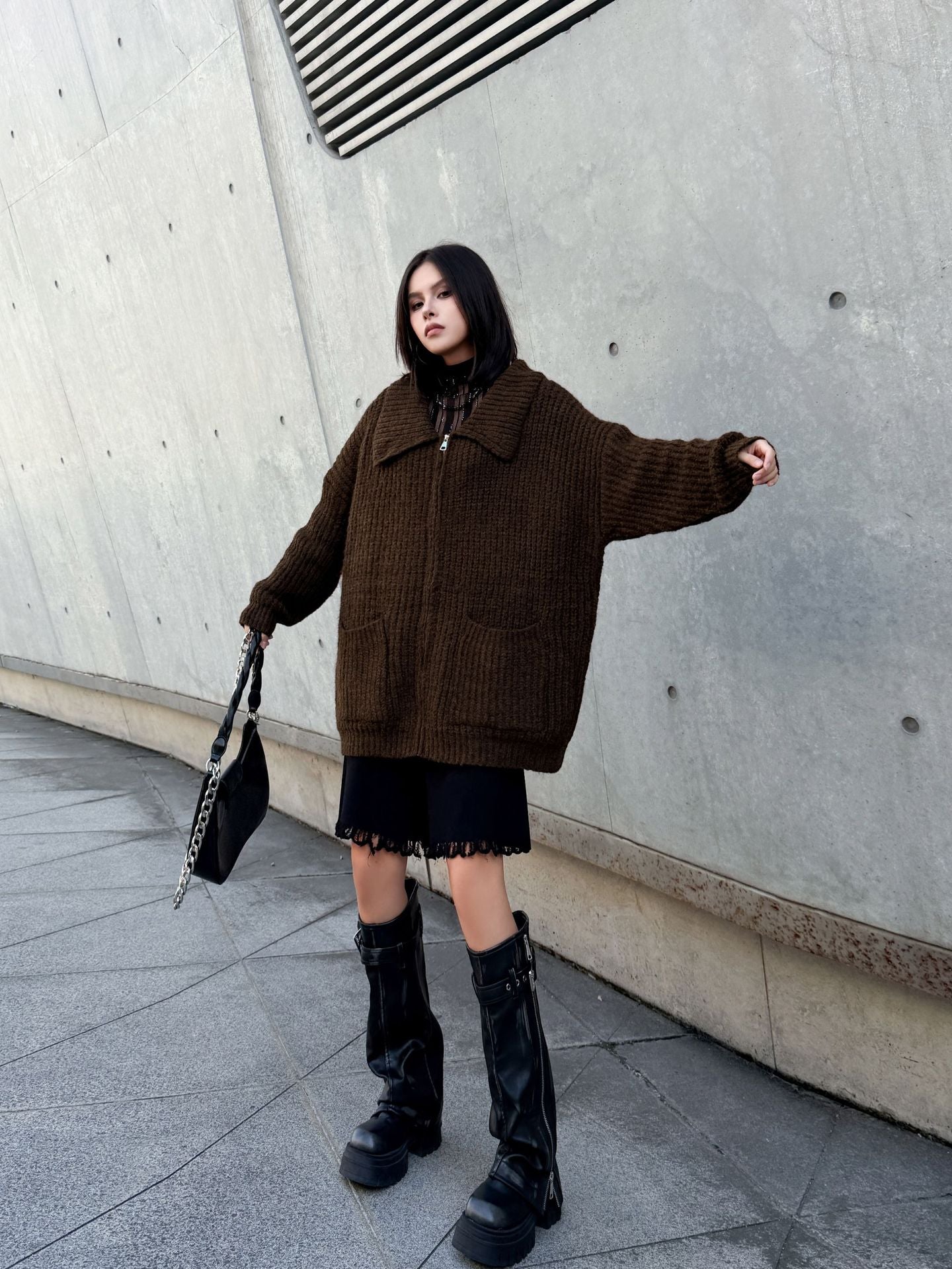 ジップアップリブカラーカーディガン