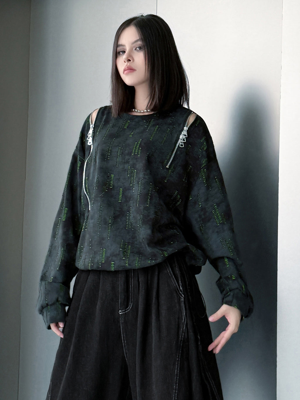 ジップショルダープリントトップス