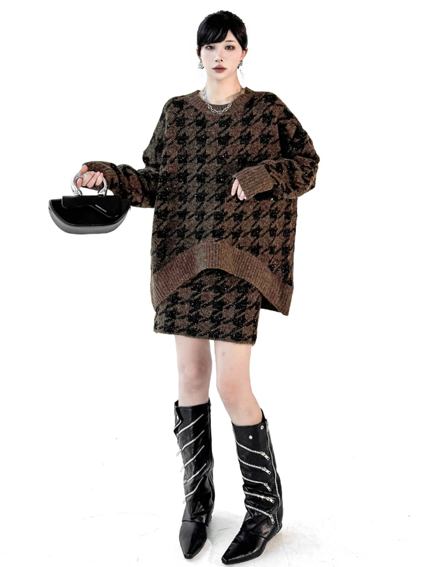 ハウンドトゥースニットトップス＆スカート