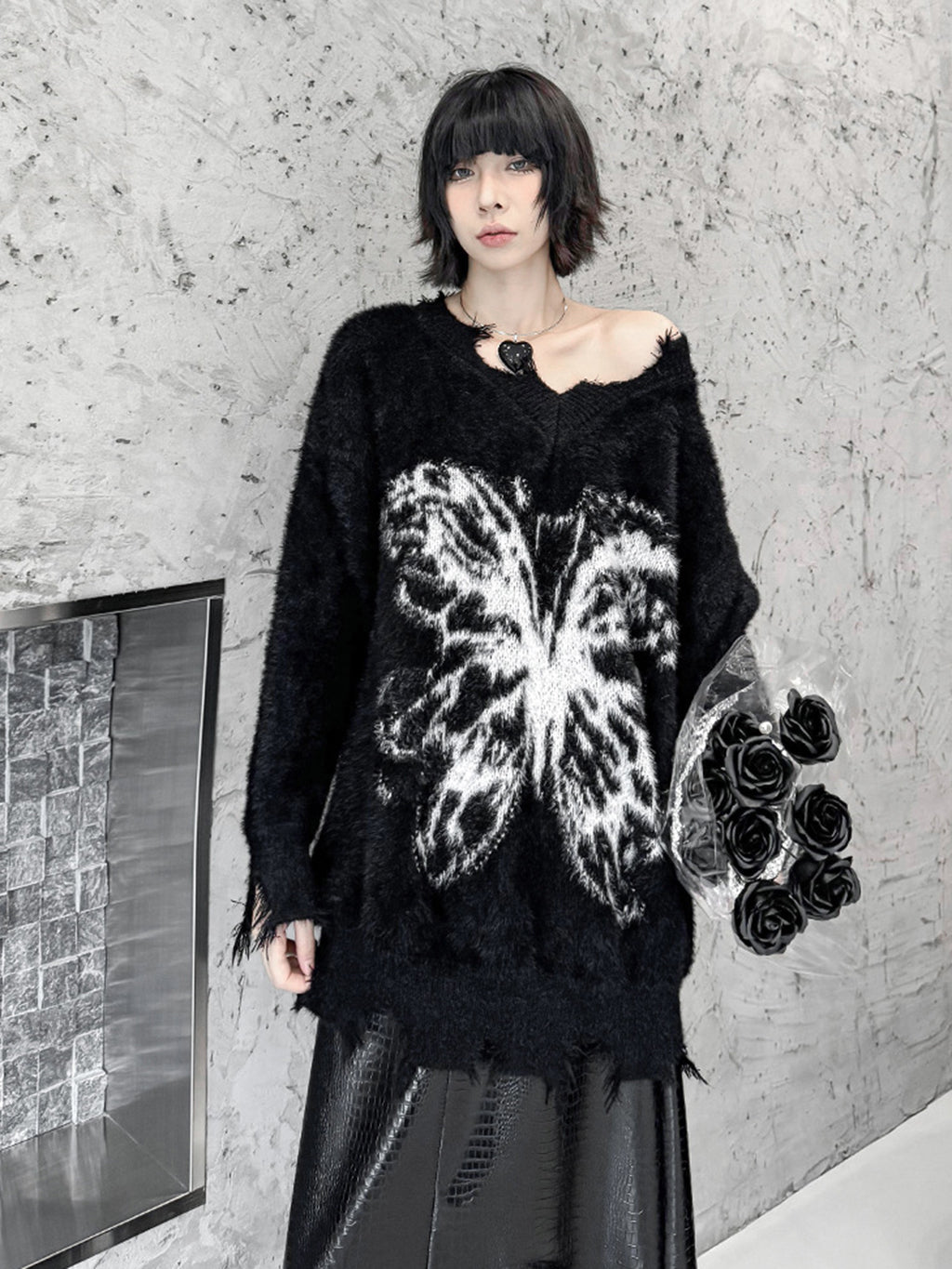 バタフライフェザーニットトップス