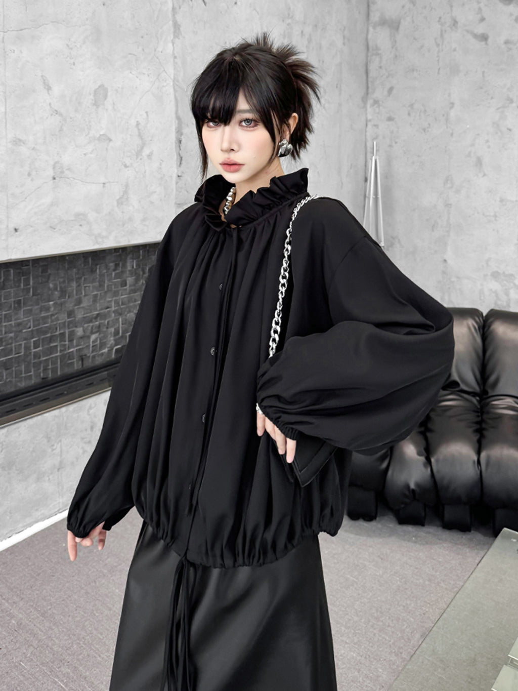 Scarf tie blouse and denim pants series 