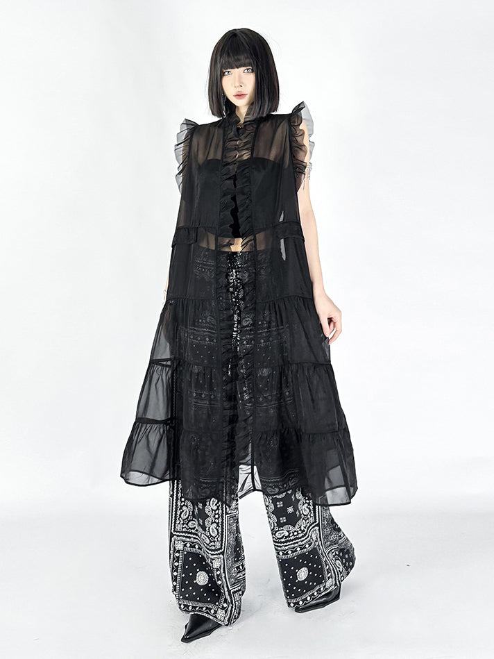 Frill sheer tiered long dress 