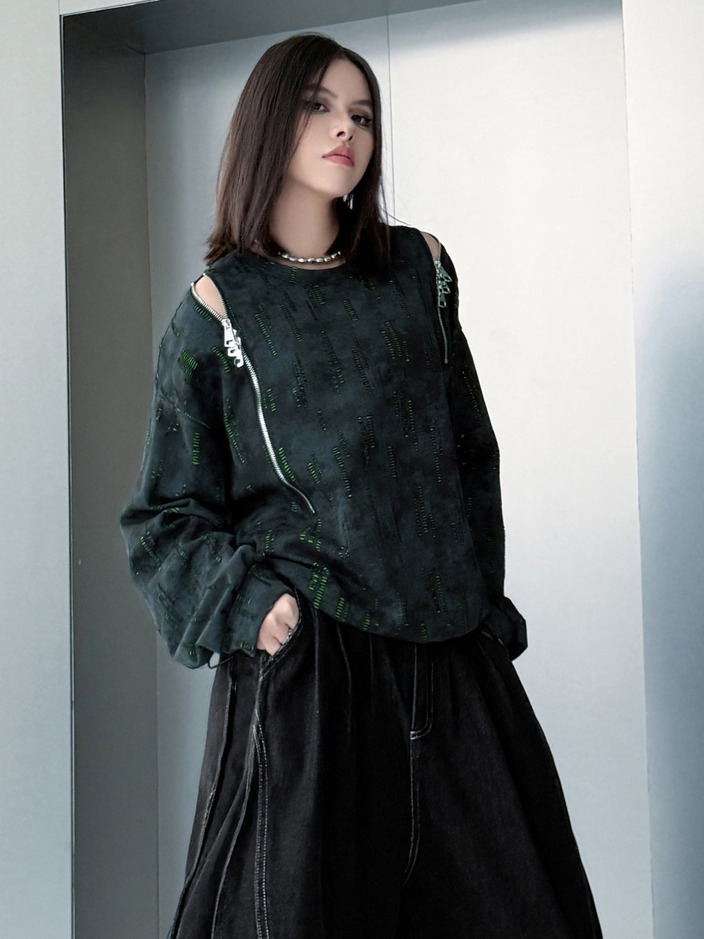 ジップショルダープリントトップス