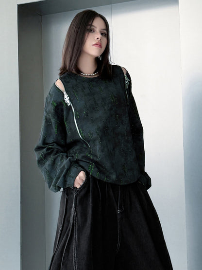 ジップショルダープリントトップス