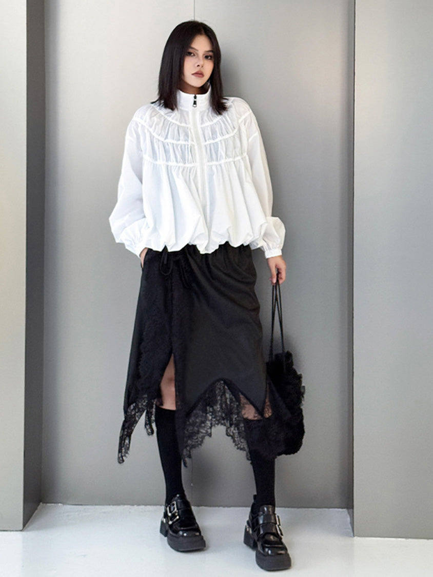 シャーリングスタンドカラーブラウス