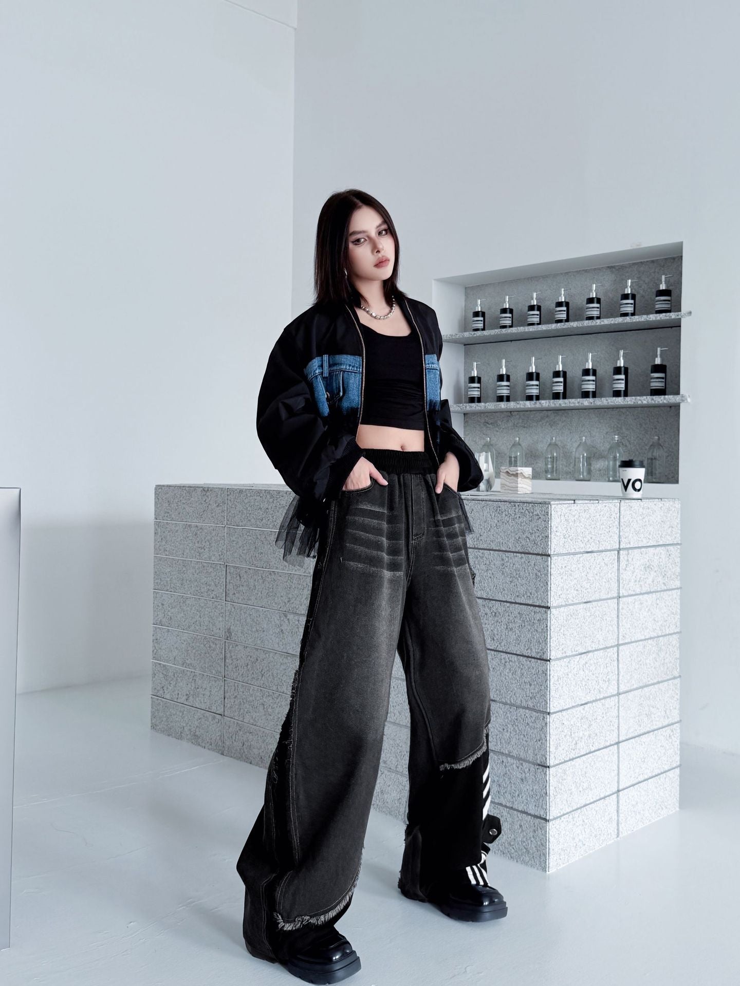 レイヤードデニムワイドパンツ