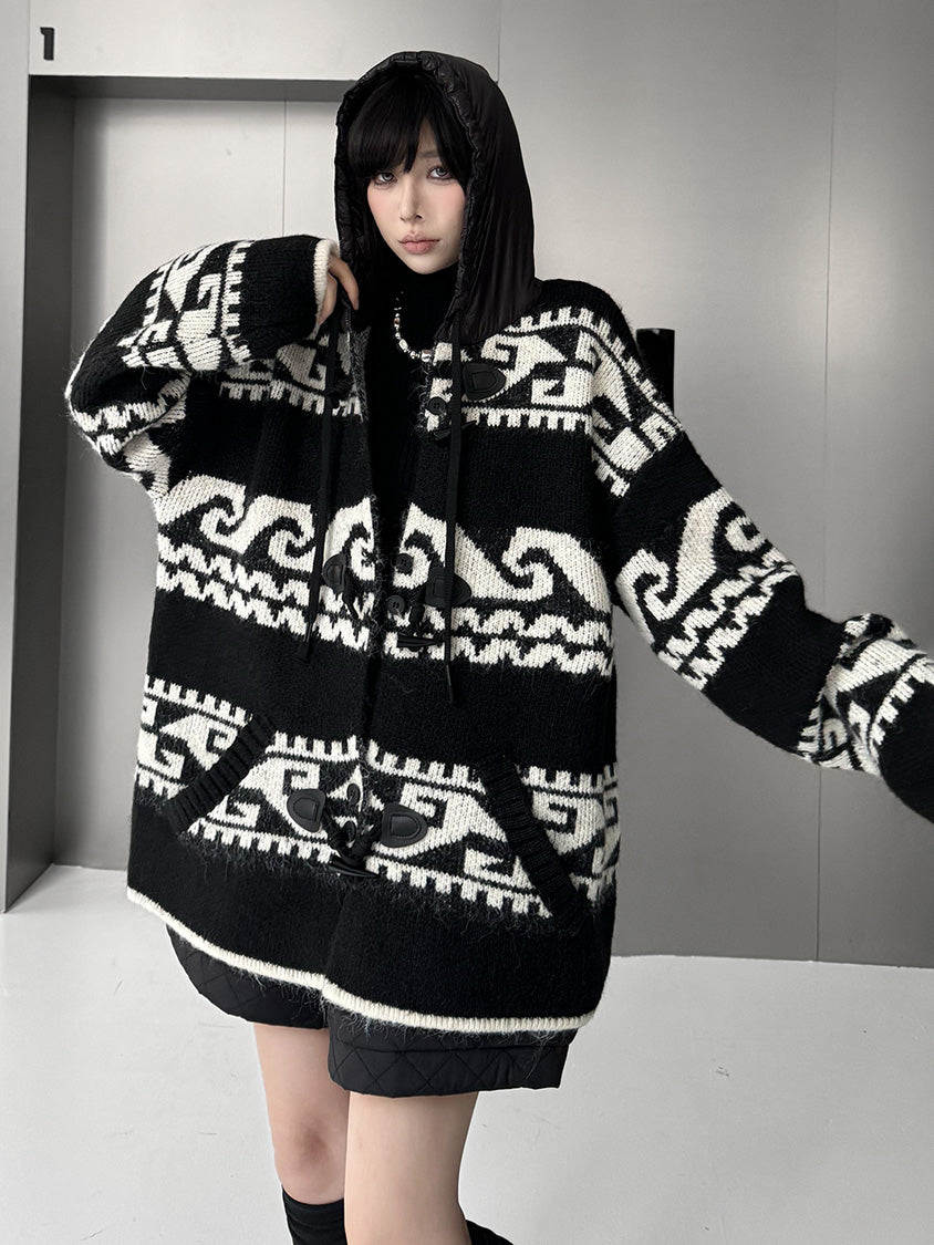 ジオパターンニットフードカーディガン