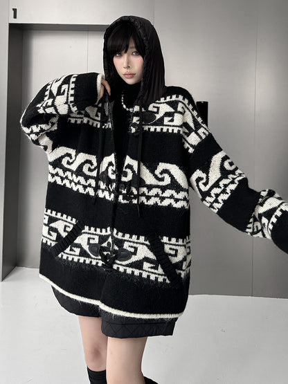 ジオパターンニットフードカーディガン