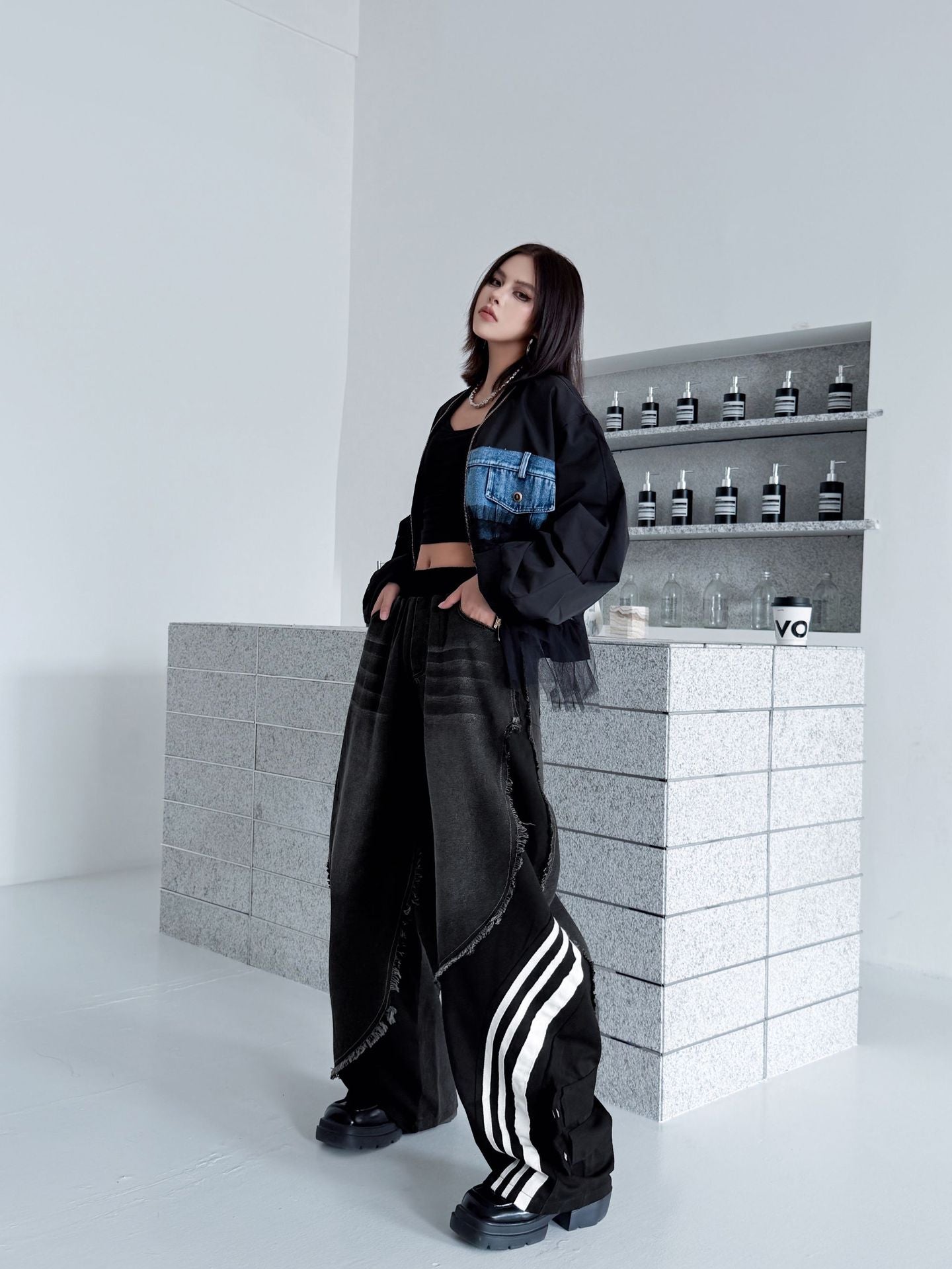 レイヤードデニムワイドパンツ