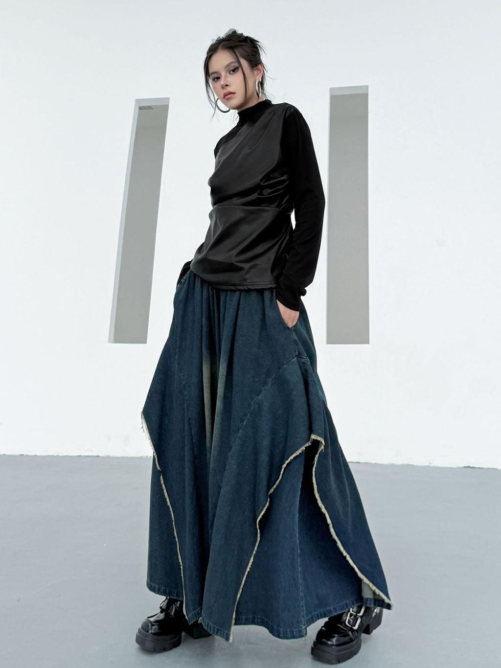 Scarf tie blouse and denim pants series 