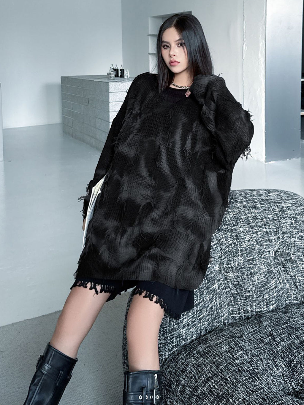 ディストレストチェックニットトップス