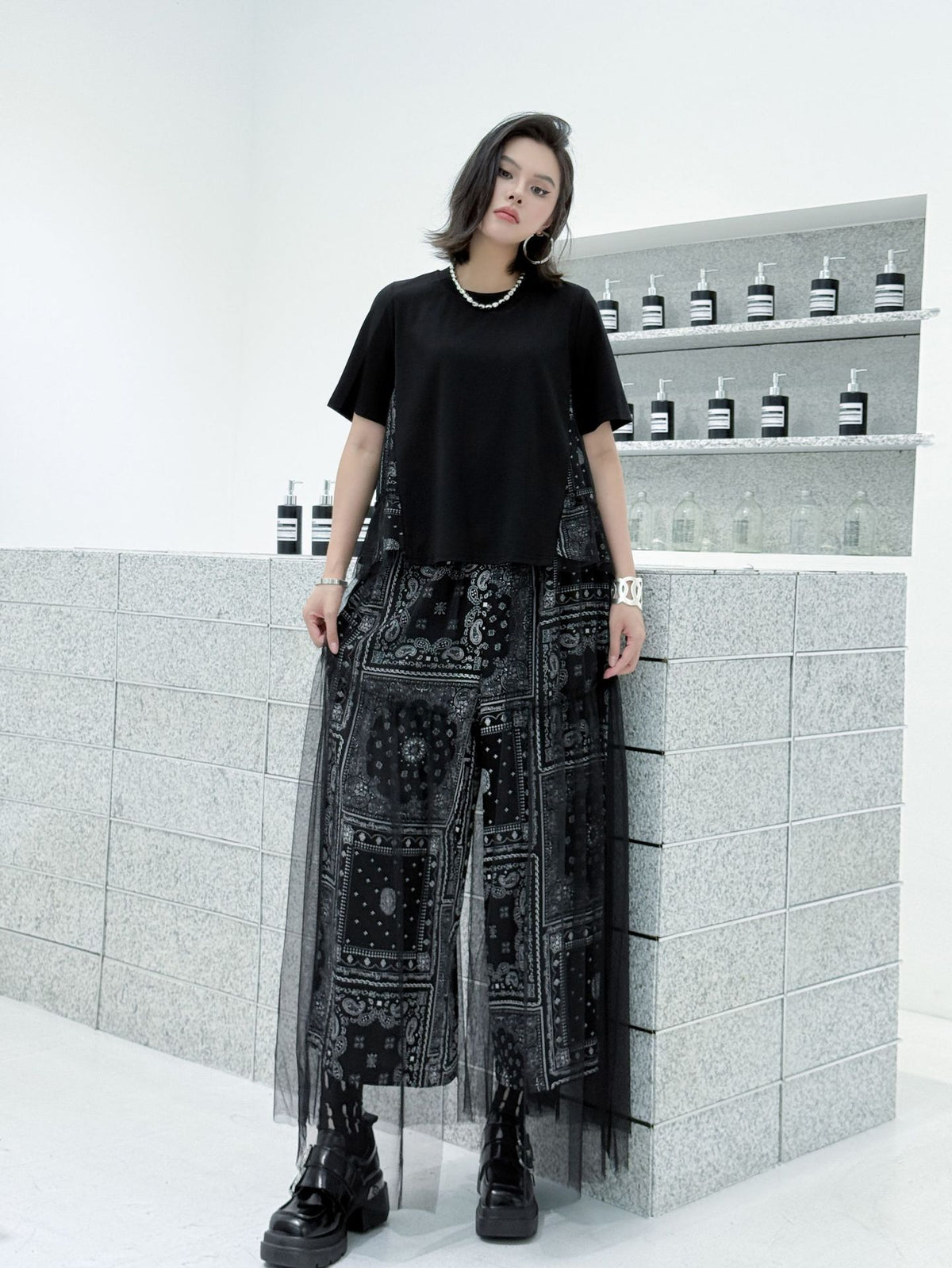 Scarf tie blouse and denim pants series 