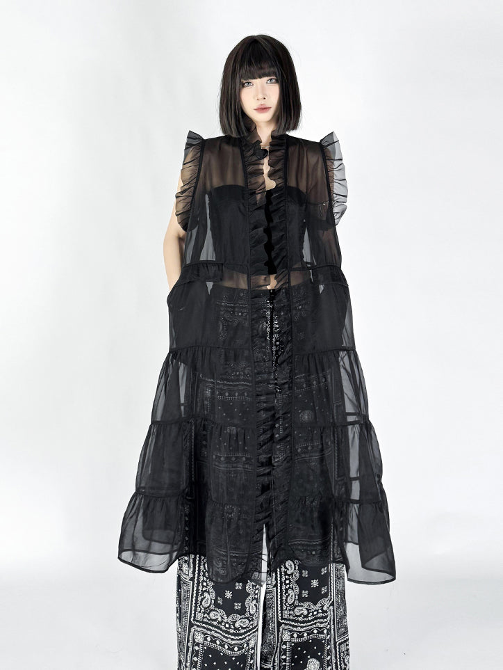 Frill sheer tiered long dress 