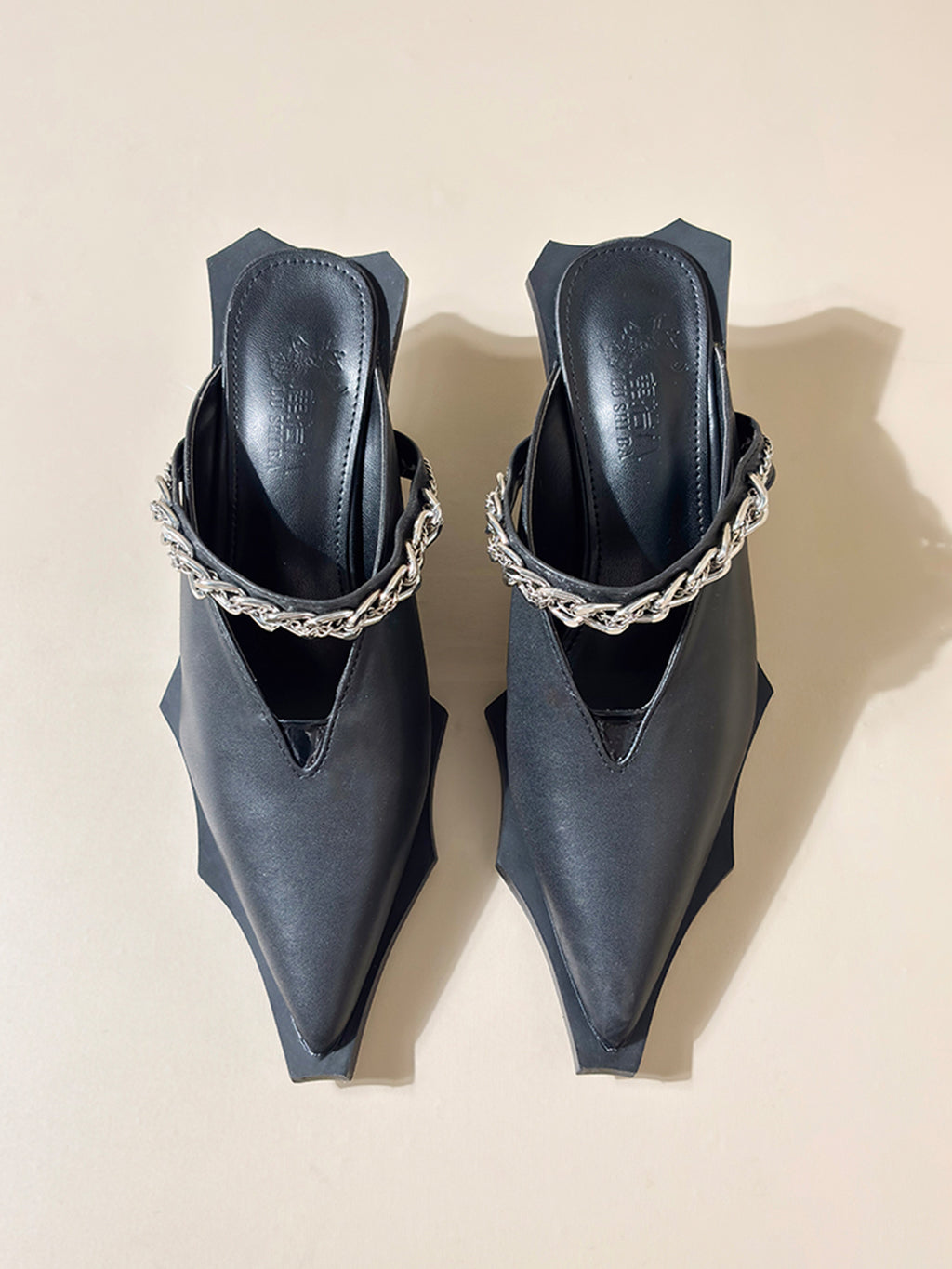 Spiky Chain Heel Mules