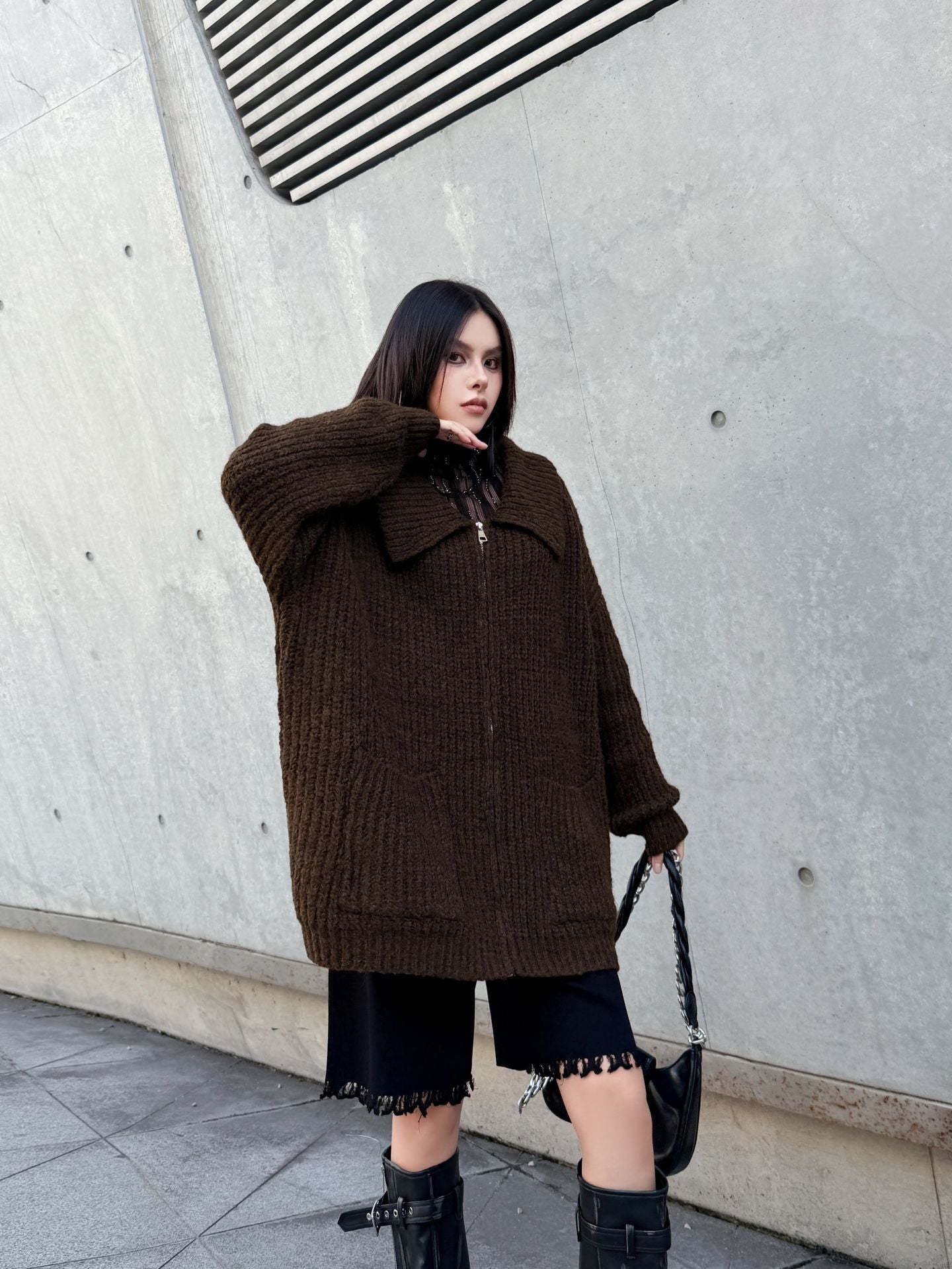 ジップアップリブカラーカーディガン