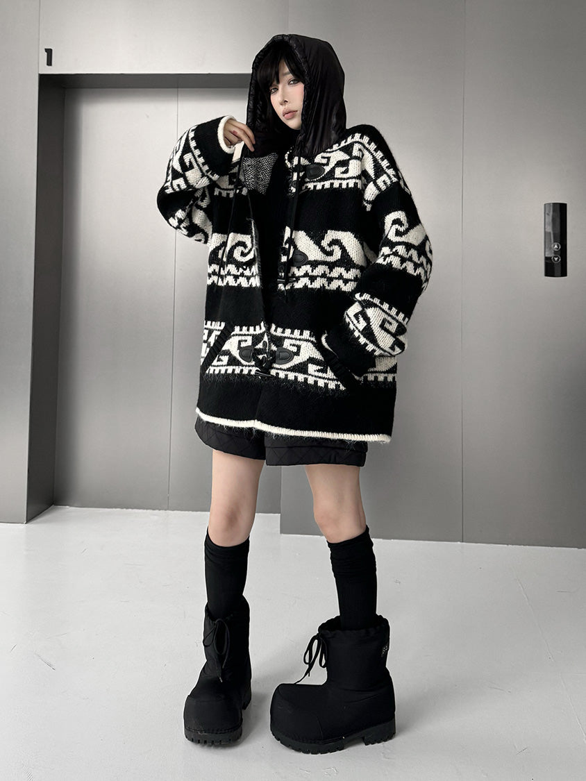 ジオパターンニットフードカーディガン