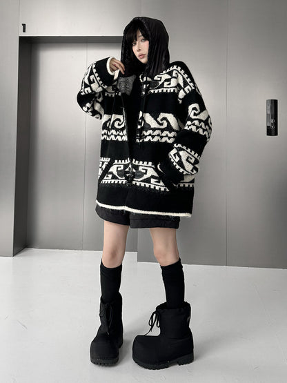 ジオパターンニットフードカーディガン