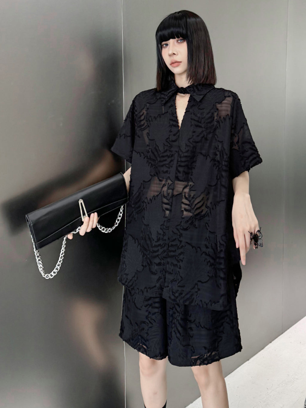 Sheer jacquard shirt and shorts 