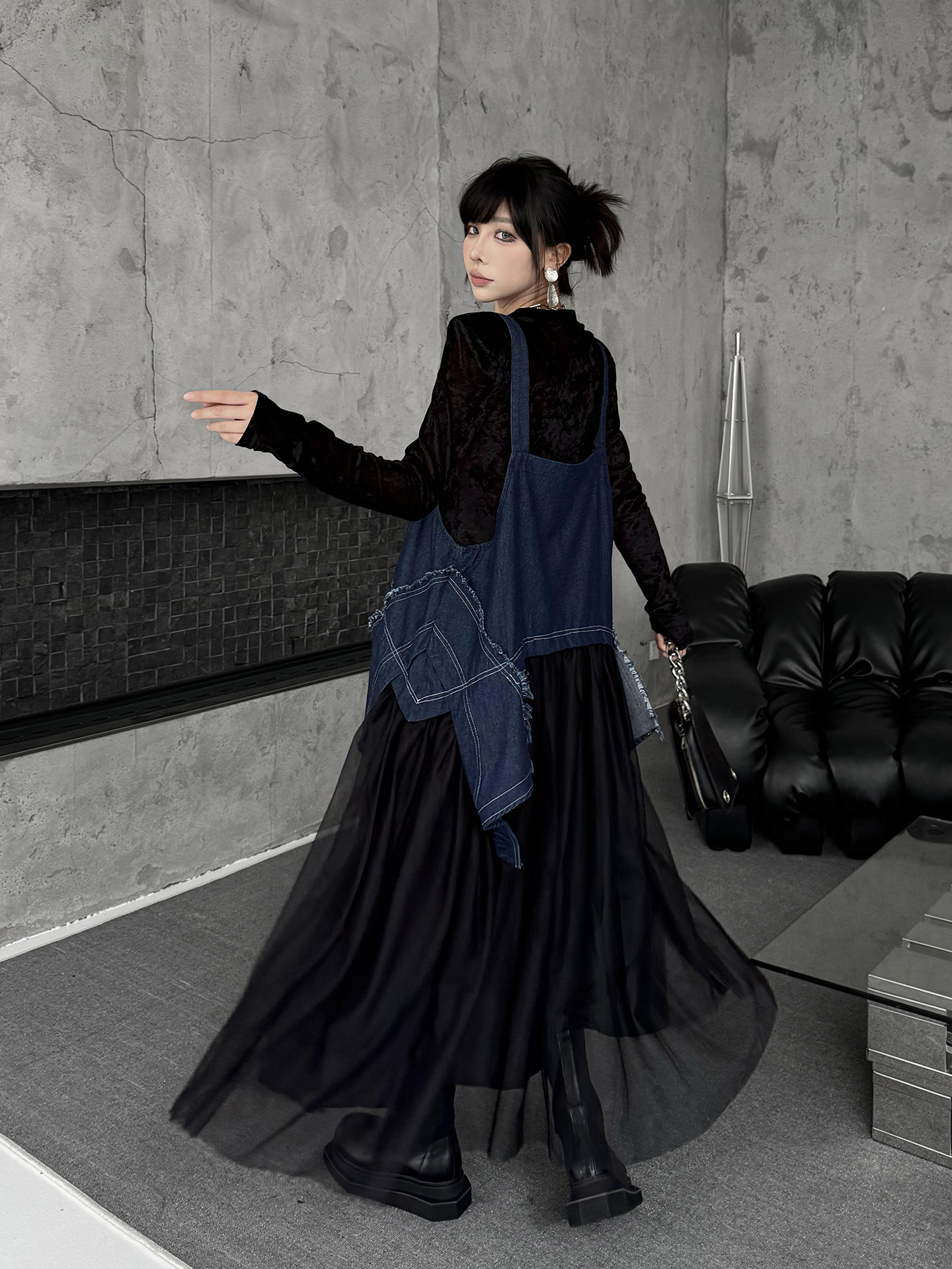 Scarf tie blouse and denim pants series 