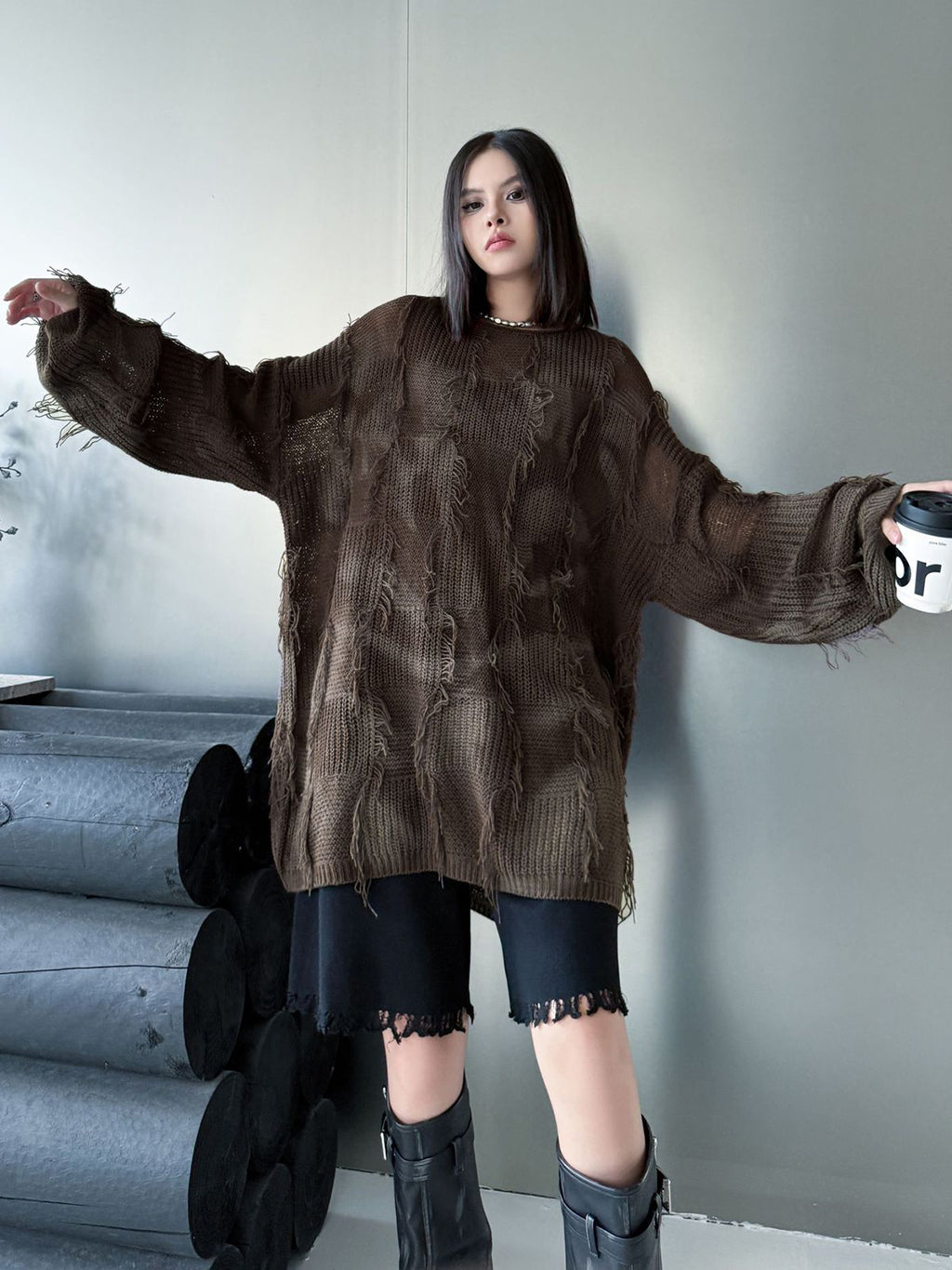 ディストレストチェックニットトップス