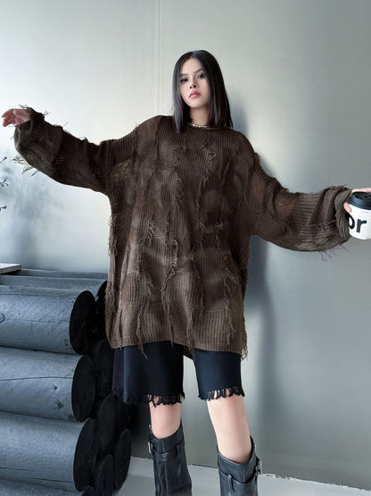 ディストレストチェックニットトップス