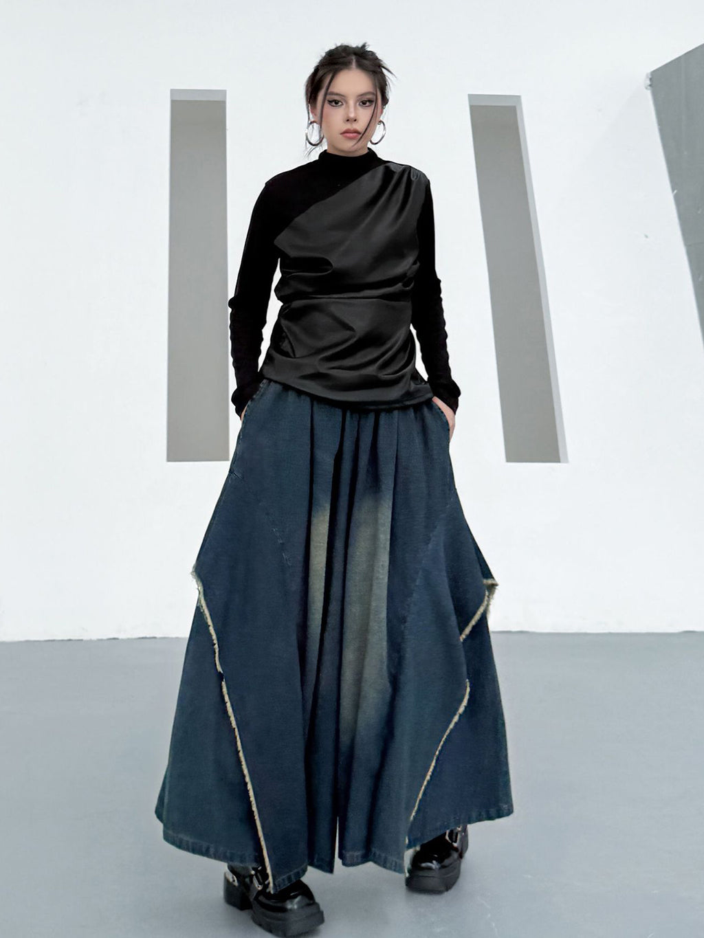 Scarf tie blouse and denim pants series 